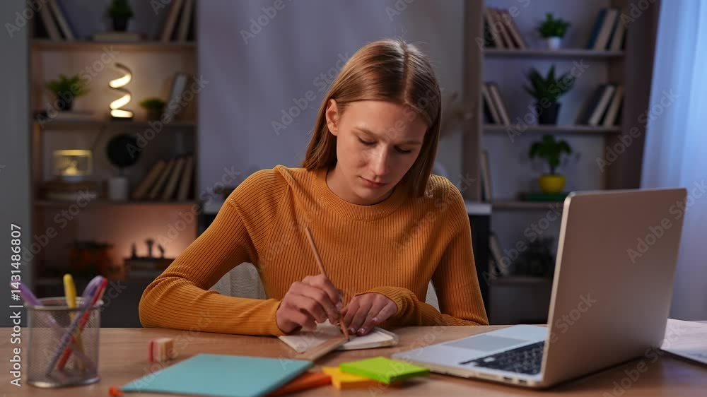 Woman Writing Notes at Desk with Laptop in Cozy Office Environment Woman Writing Notes at Desk with Laptop in Cozy Office Environment