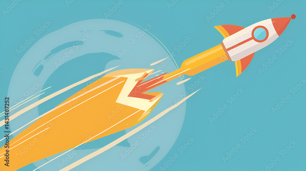 Illustration of a rocket ship launching with smoke trails against a blue and light blue background Illustration of a rocket ship launching with smoke trails against a blue and light blue background