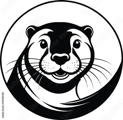 Cheerful Otter Emblem: Black and White Aquatic Mammal in Circle