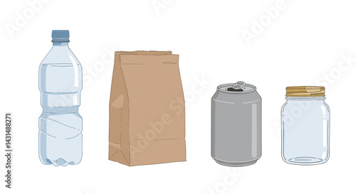 Recycling awareness concept, collection of common recyclable items, promoting cleanliness and sustainability