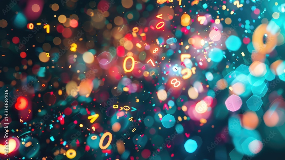 Naklejka premium Abstract particles glowing bright colorful light. Dust with digital effect floating on wonderful scenery scatter around background convey sense of chaotic and energetic perfect for wallpaper. AIG53.