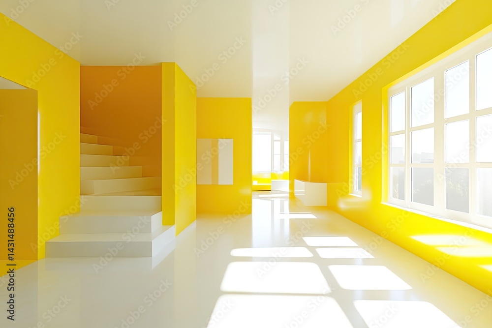 Obraz premium Sunlit modern room with yellow walls, white floor, and staircase