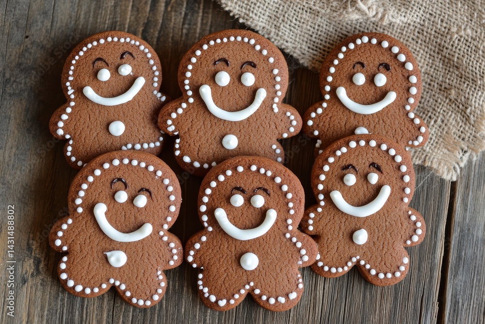 Six gingerbread men cookies with icing details arranged nicely Six gingerbread men cookies with icing details arranged nicely