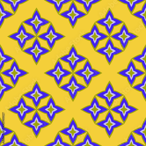 A vibrant seamless pattern featuring diamond shapes and colorful accents on a bold yellow background. Ideal for textile designs, wallpaper, packaging, and digital graphics.