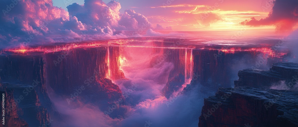 Fototapeta premium Colorful landscape illustration with cliffs water and sky at sunset or sunrise.