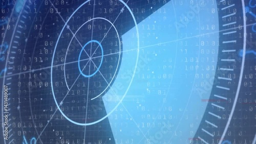 Concentric radar graphic rotating in animated illustration, displaying binary code overlay and grid