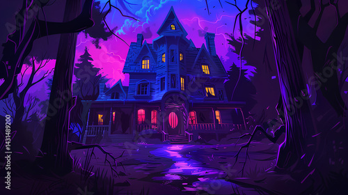 Old haunted house, illuminated by purple light