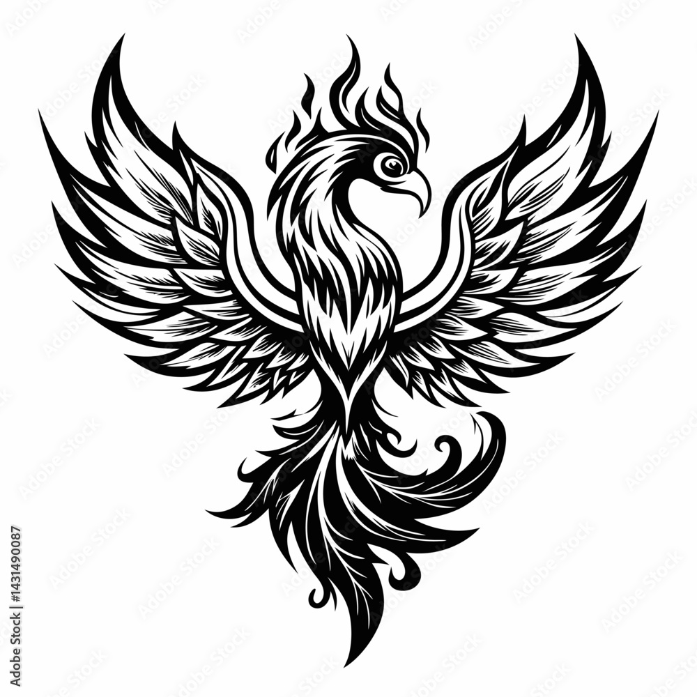 Obraz premium Intricate Black and White Phoenix Tattoo Design with Outstretched Wings