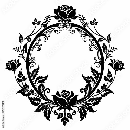 A black and white floral frame with roses and leaves