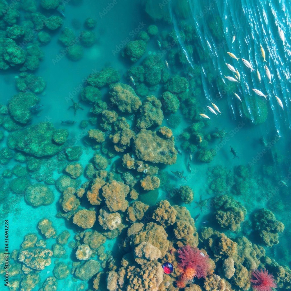 Fototapeta premium Sublime Aerial View: Vibrant Coral Reef and School of Fish