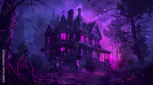 Old haunted house, illuminated by purple light