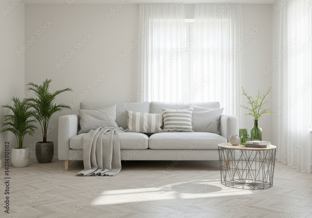 Naklejka premium Minimalist living room with sofa, pillows, plants, and table near sheer curtains
