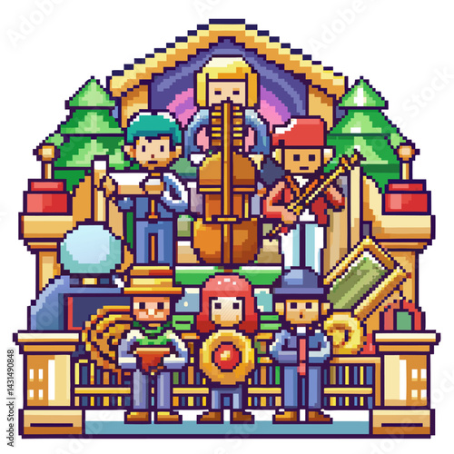 Pixel Art Orchestra Performance in Festive Holiday Setting with Musicians and Instruments