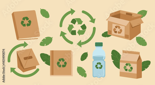  Recycled material concept, items such as paper, glass, organic, plastic bottles with eco design, promoting recycling and sustainability