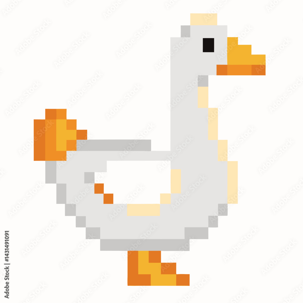Fototapeta premium Pixel Art Duck Illustration Retro, Colorful, 8 bit Styled Animal Design in White and Orange