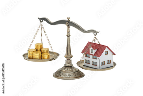 Balancing the scales A house versus gold coins symbolizing the cost of homeownership financial investment and the real estate market Elegant antique scales in sharp focus against a clean white