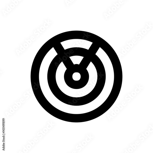 A black and white circular target like design with a central dot and a y shaped element inside it