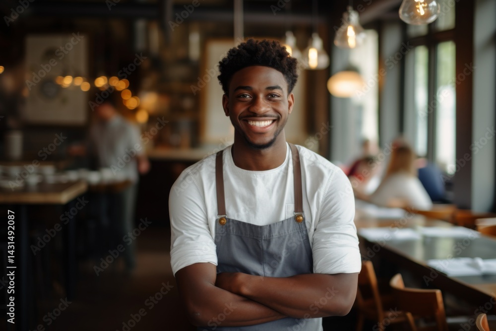 Fototapeta premium Smiling portrait of a young male African American waiter in a cafe