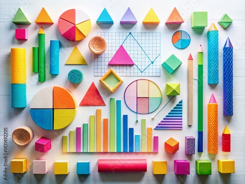 Colorful Geometric Shapes & Charts Hand-Drawn White Background Stock Photo