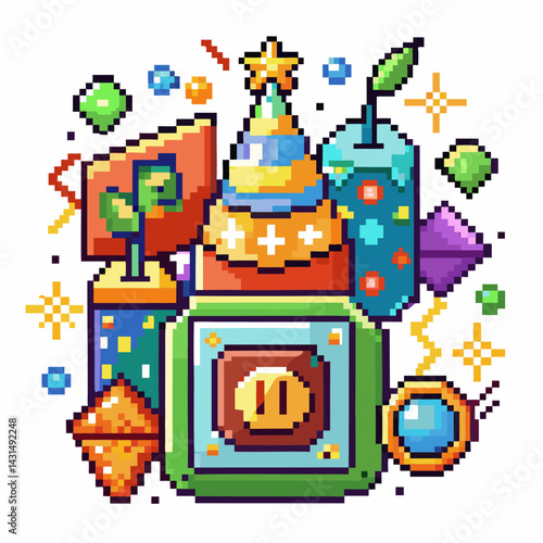 Colorful Pixel Art Icons of Party and Celebration with Stars and Lights