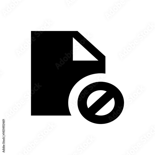 Black document icon with a folded corner and a black circle with a diagonal line through it icon 100 char