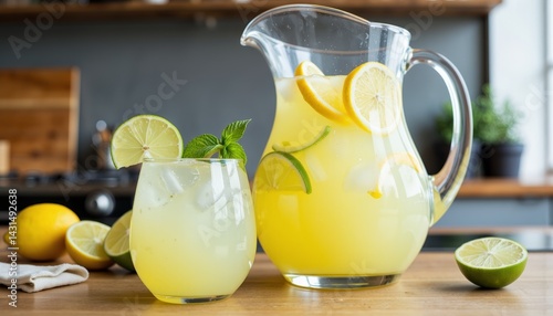 Refreshing lemonade pitcher and glass with lemon slices  