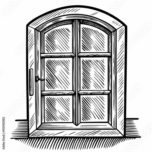 Hand drawn arched window with classic wooden frame, vintage architectural illustration, black and white line art