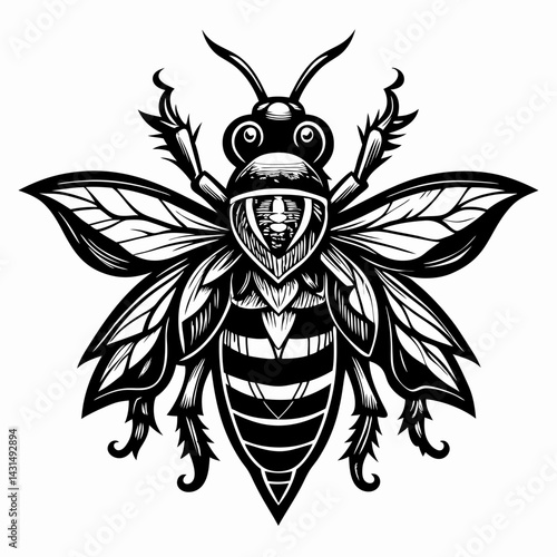 A black and white drawing of a bee with a man's face on its back