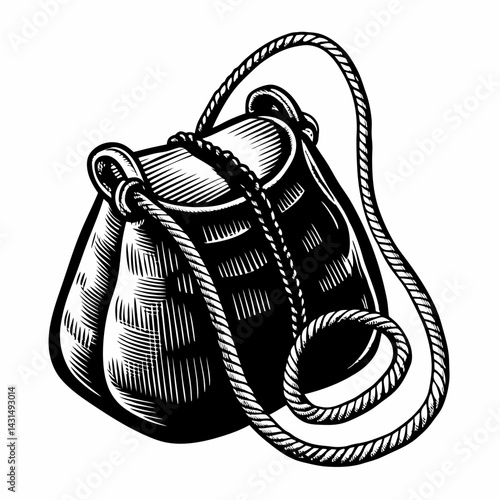 Vintage Rope Drawstring Bag Illustration in Black and White