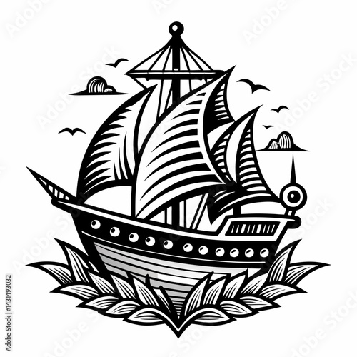 A black and white drawing of a ship with a sail