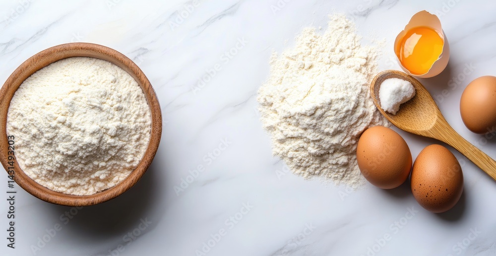 Baking ingredients flour eggs bowl overhead food preparation Baking ingredients flour eggs bowl overhead food preparation