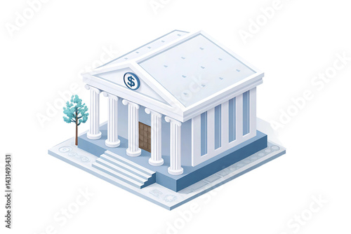 Classic bank building isometric illustration clean design representing financial security and stability with a small tree and dollar sign detail in soft light blue and white tones