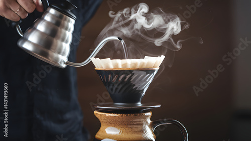 Barista’S Hands Slowly Pouring Water From A Gooseneck Kettle Over A V60 Dripper Atop A Ceramic Carafe. Steam Swirls Upward Against A Dark Background. Shot In 50 Mp - Close-Up Editorial Photography