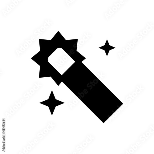 Illustration of a black magic wand with starburst effect and surrounding stars on a white background