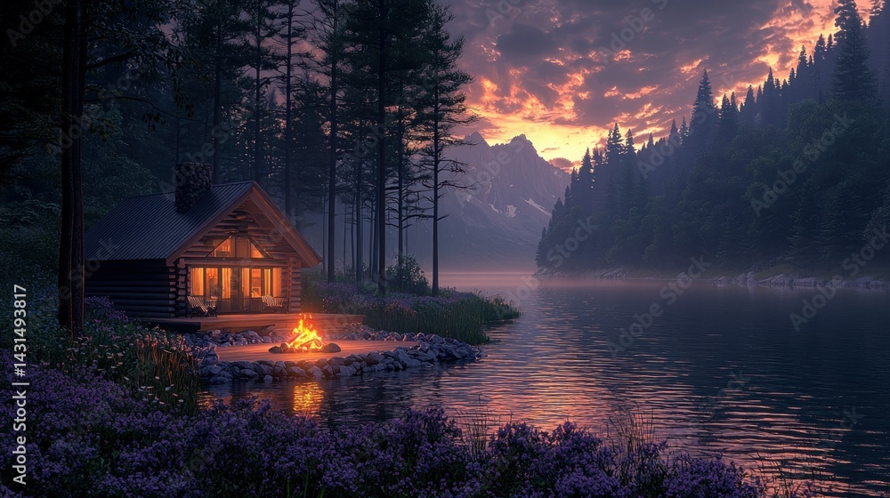 Fototapeta premium Lakeside cabin at sunset with campfire