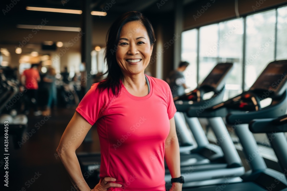 Smiling portrait of a middle aged slightly overweight woman in a gym in sports clothes Smiling portrait of a middle aged slightly overweight woman in a gym in sports clothes