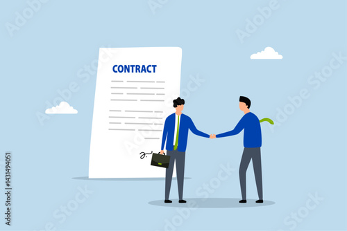Employment contract agreement, businessman handshake with contract paper.