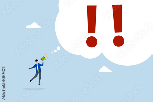 Warning message, entrepreneur yelling through megaphone with exclamation mark.
