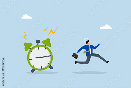 Late, frustrated businessman hurry running to work late.