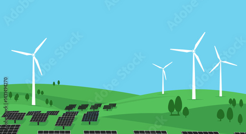 Renewable Energy Landscape with Wind Turbines and Solar Panels , for eco companies, articles about renewable energy