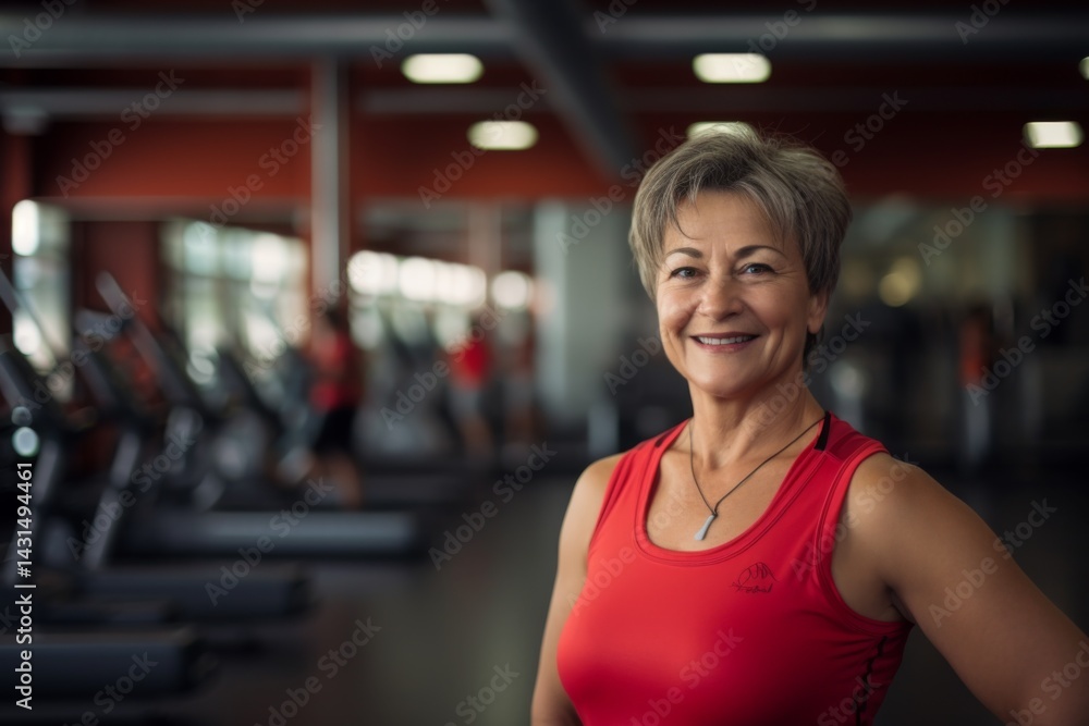 Smiling portrait of a middle aged slightly overweight woman in a gym in sports clothes Smiling portrait of a middle aged slightly overweight woman in a gym in sports clothes