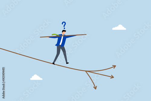 Decision making, businessman acrobat choos direction to walk.
