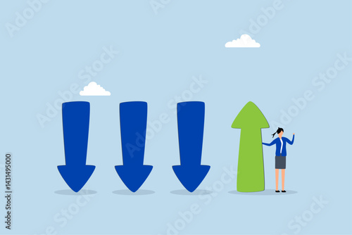 Change management, businesswoman change arrow direction for good.