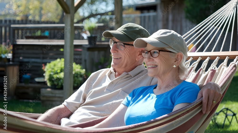 Fototapeta premium A senior couple relaxing on a hammock in their backyard, enjoying leisure time and sunshine