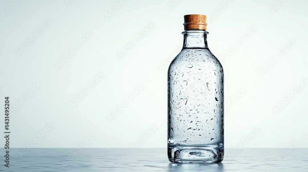 Elegant glass bottle with condensation and a cork stopper showcasing purity Elegant glass bottle with condensation and a cork stopper showcasing purity