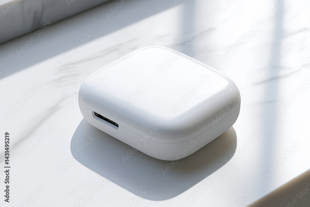 White wireless earbuds charging case on a marble surface. White wireless earbuds charging case on a marble surface.