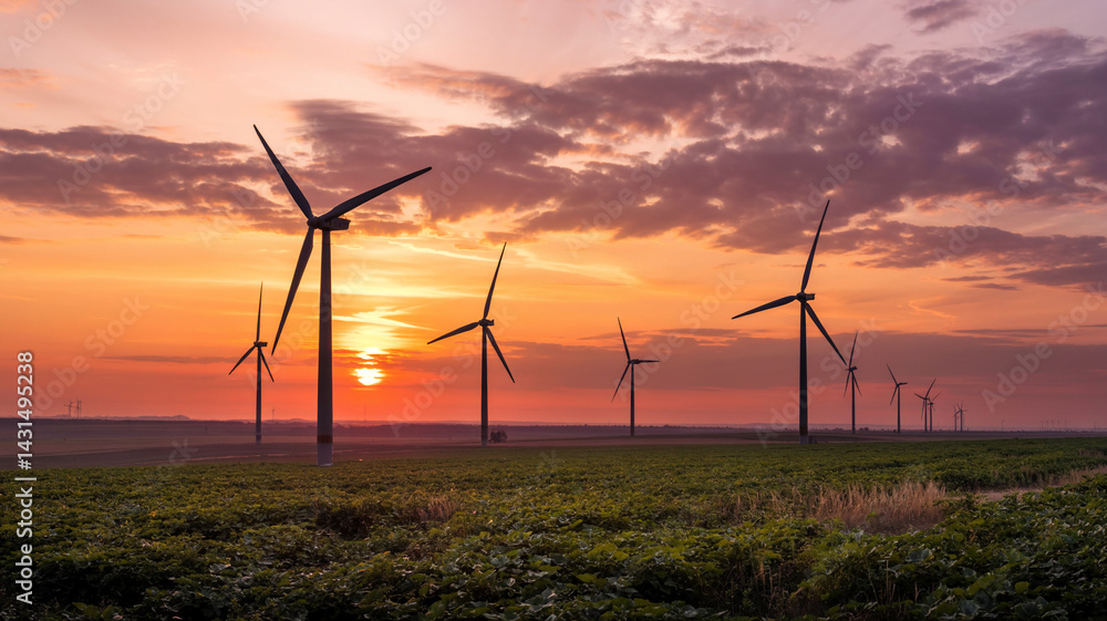 Obraz premium The sun sinks behind the blades of wind turbines