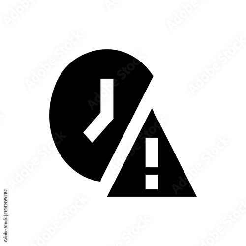 Black and white graphic featuring a clock icon and a warning triangle symbol intersecting each other nicely