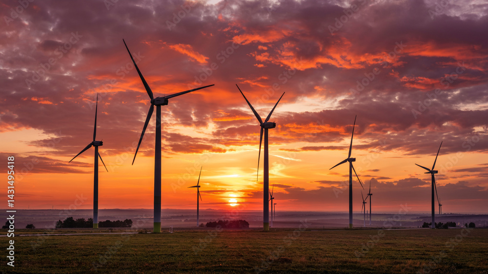 Obraz premium Wind turbines rise against a brilliant orange and red sunset sky