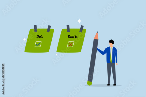 Do and don't checklist, businessman write do and don't checklist on sticky notes.
